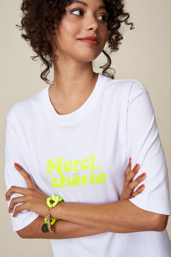 MERCI, CHERIE Shirt - Weiß/ neongelb