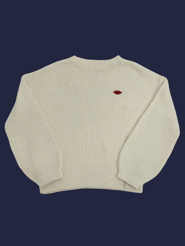 Kussmund Sweater aus Merinowolle - Ivory/ Roter Stick