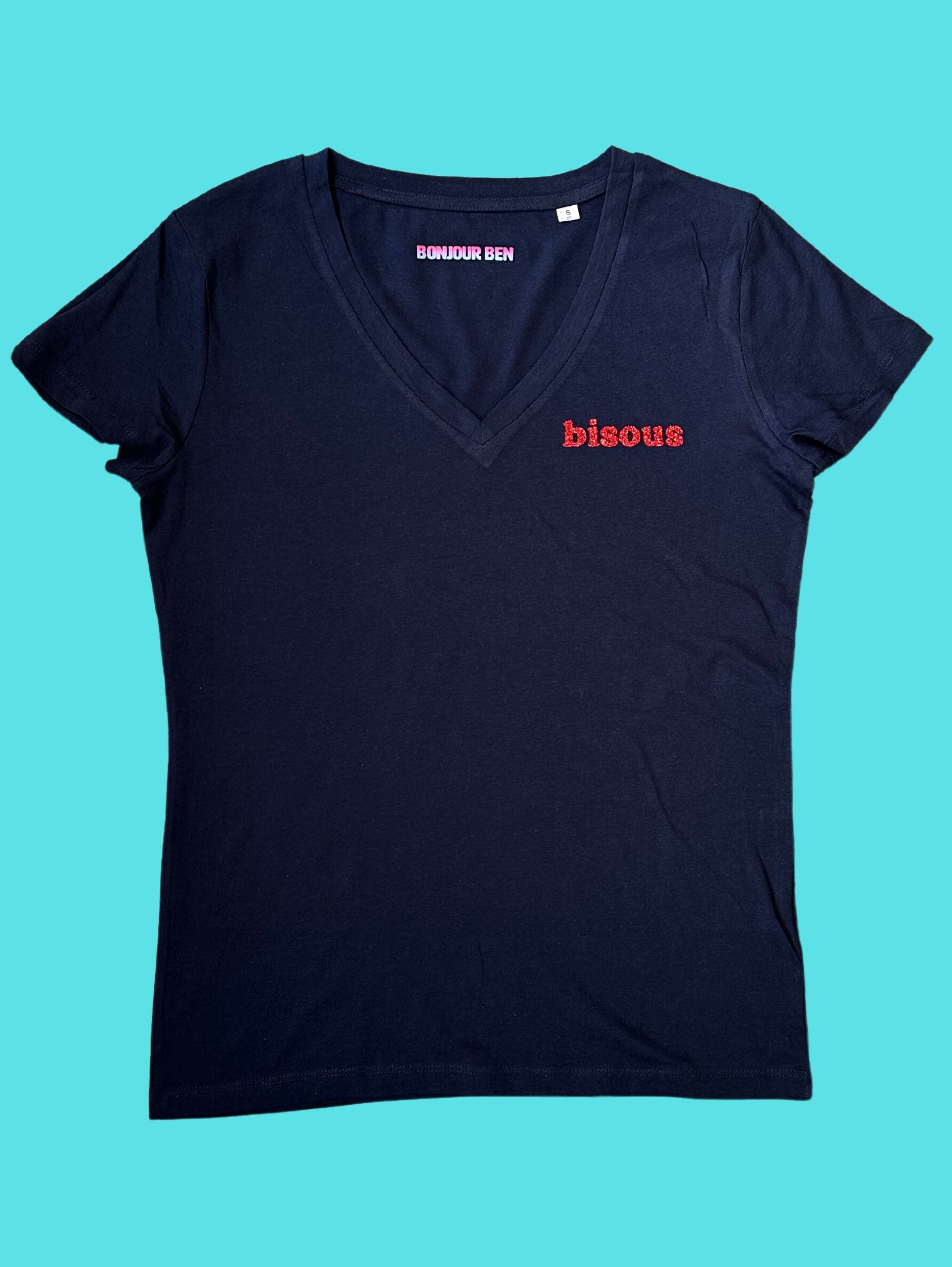 Bisous T-Shirt mit V-Neck - Navy/Rot Glitzer