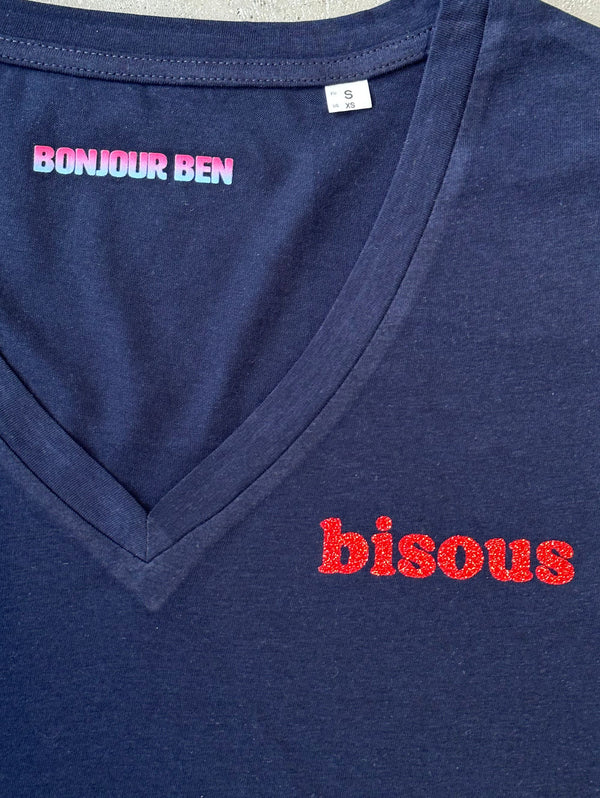 Bisous T-Shirt mit V-Neck - Navy/Rot Glitzer