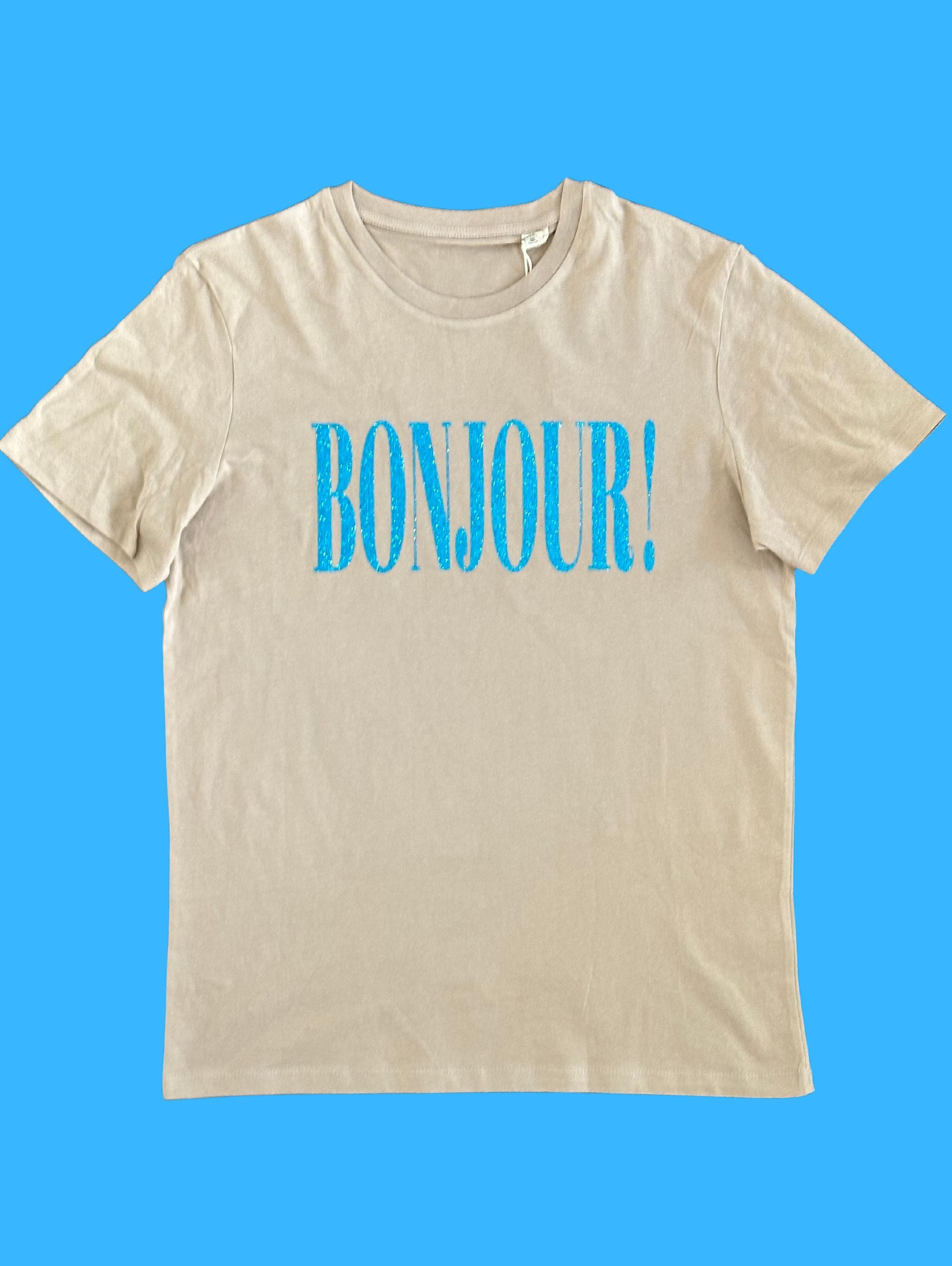Bonjour! T-Shirt - Beige/ Blau Glitzer