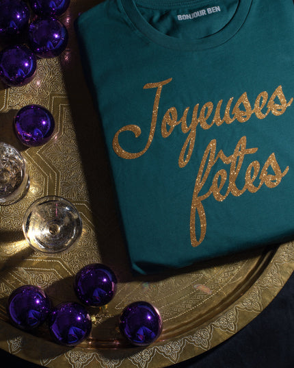 Joyeuses fêtes T-Shirt - Dunkelgrün/Glitzer Gold