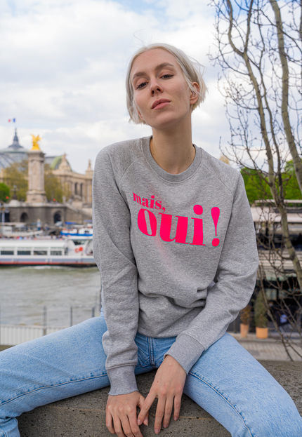 Mais, Oui! Sweatshirt - Hellgrau/Neon Pink