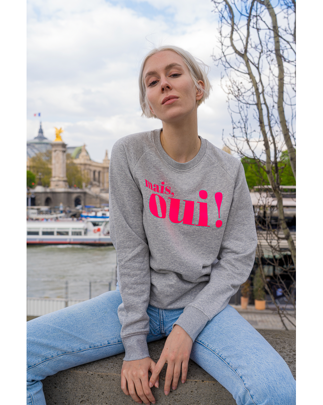 Mais, Oui! Sweatshirt - Hellgrau/Neon Pink