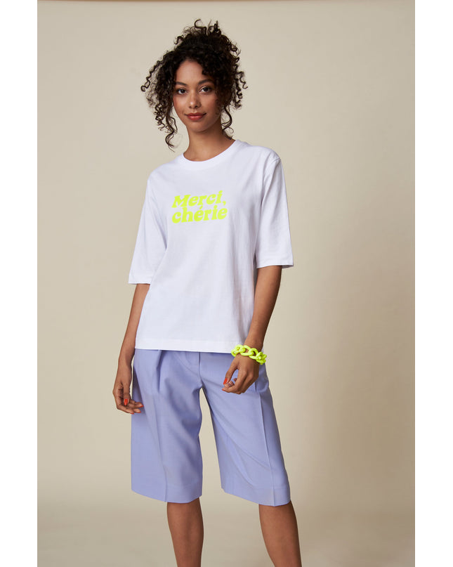 Merci, Cherie T-Shirt - Weiß/ Neon Gelb