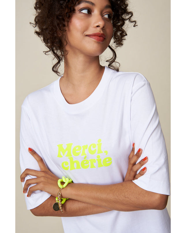 Merci, Cherie T-Shirt - Weiß/ Neon Gelb
