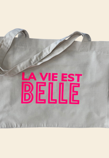 La vie est belle Baumwolltasche - Beige/Neon Pink