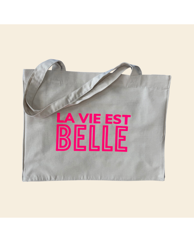 La vie est belle Baumwolltasche - Beige/Neon Pink