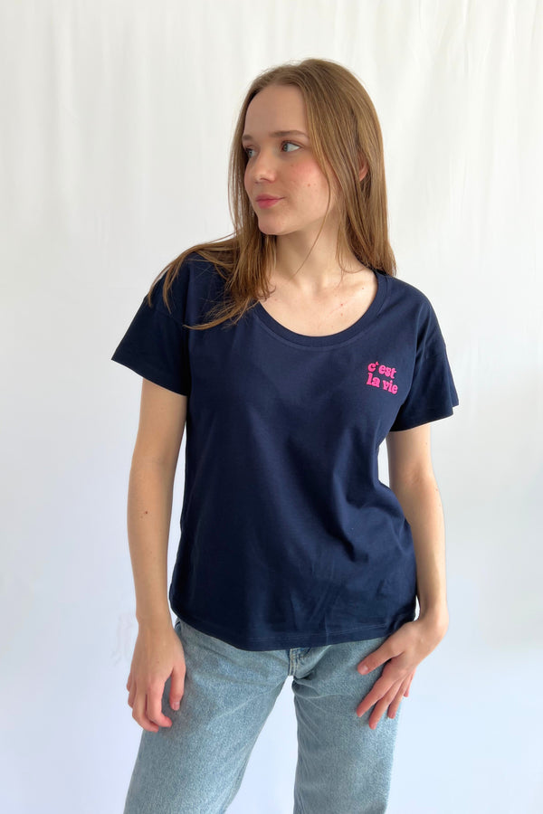 C'est la vie T-Shirt - Navy / neon pink