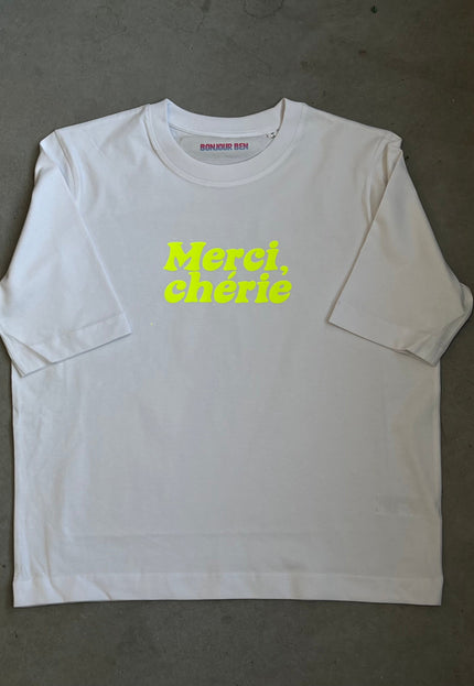 Merci, Cherie T-Shirt - Weiß/ Neon Gelb