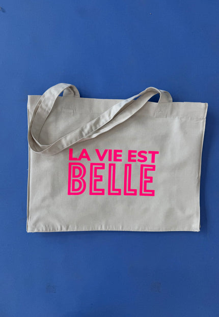 La vie est belle Baumwolltasche - Beige/Neon Pink