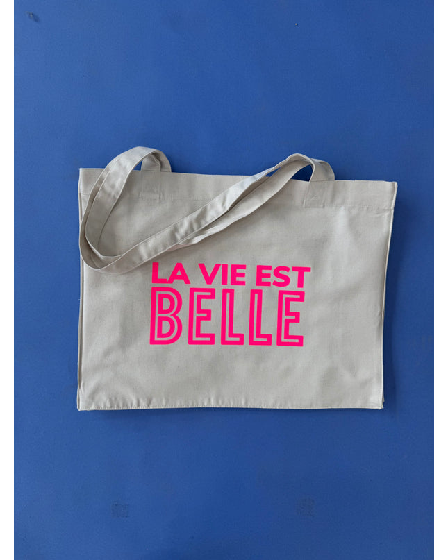 La vie est belle Baumwolltasche - Beige/Neon Pink
