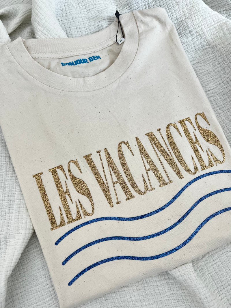 Les Vacances T-Shirt - Beige/ Gold&Blau Glitzer