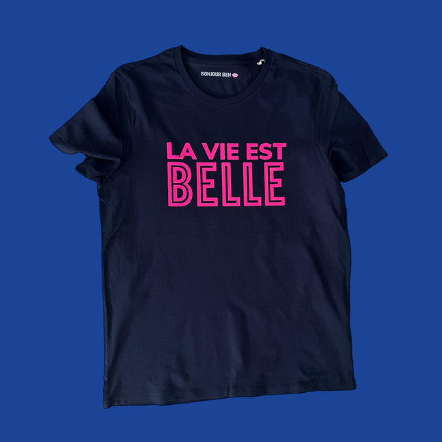 La vie est belle - T-Shirt - Dunkelblau /Neon Pink