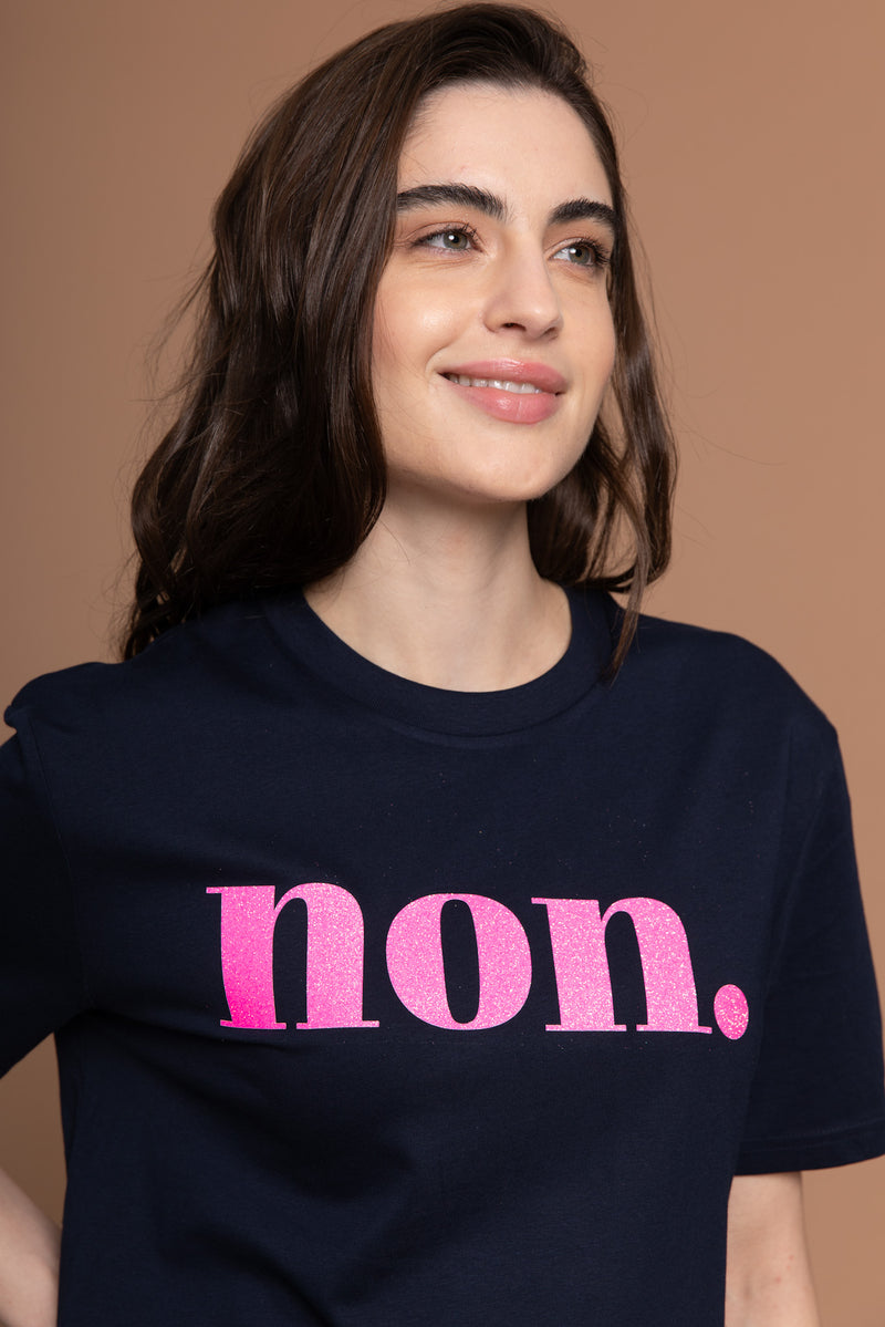 Non T-Shirt - dunkelblau neonpink glitzer