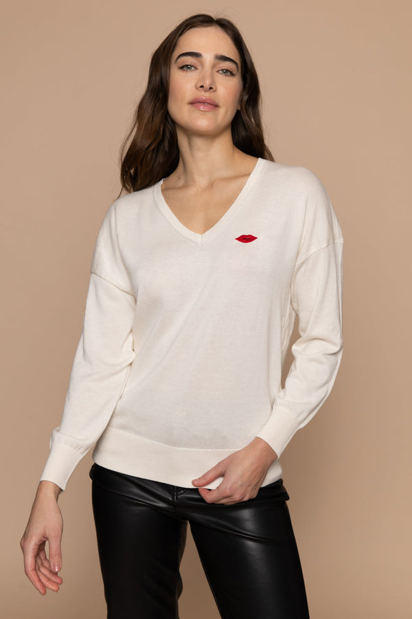 Kussmund Stricksweater - Creme / Rot Stick