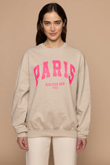 PARIS Sweatshirt - Sandfarben / Neon Pink