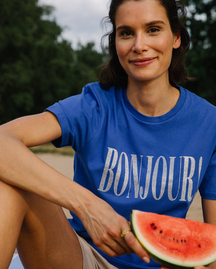 Bonjour! T-Shirt -Enzianblau / Silber Glitzer