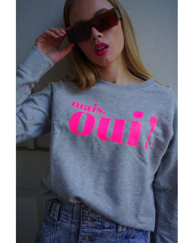 Mais, Oui! Sweatshirt - Hellgrau/Neon Pink