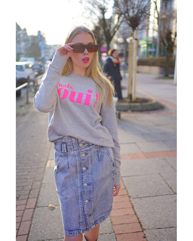 Mais, Oui! Sweatshirt - Hellgrau/Neon Pink
