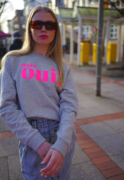 Mais, Oui! Sweatshirt - Hellgrau/Neon Pink