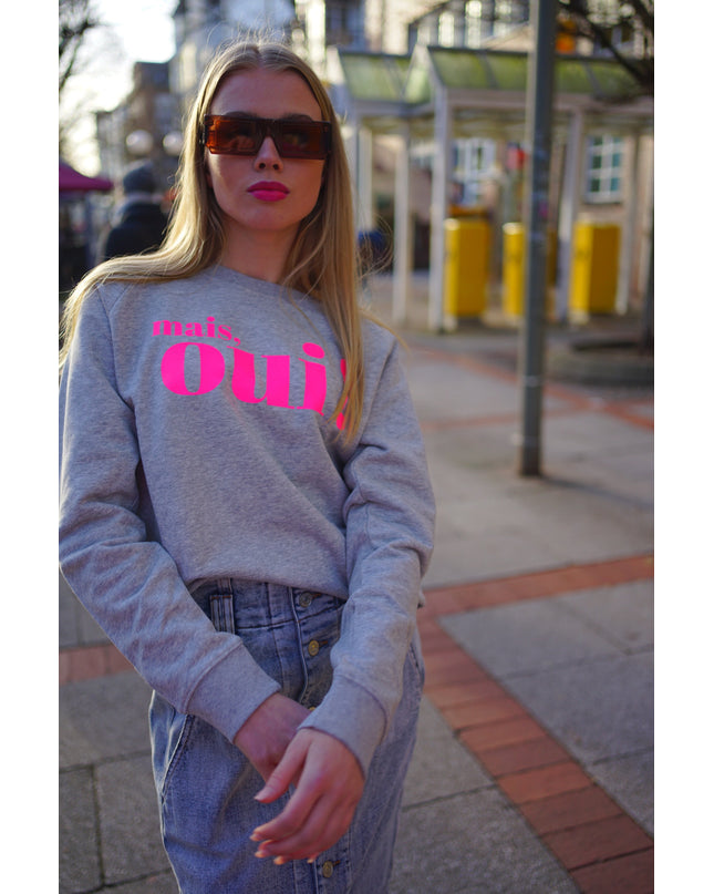Mais, Oui! Sweatshirt - Hellgrau/Neon Pink
