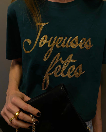 Joyeuses fêtes T-Shirt - Dunkelgrün/Glitzer Gold