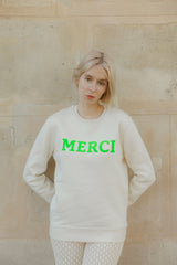 Merci Sweatshirt - Offwhite/Neon Grün