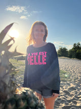 La vie est Belle Sweater - Blue/Neon Pink 