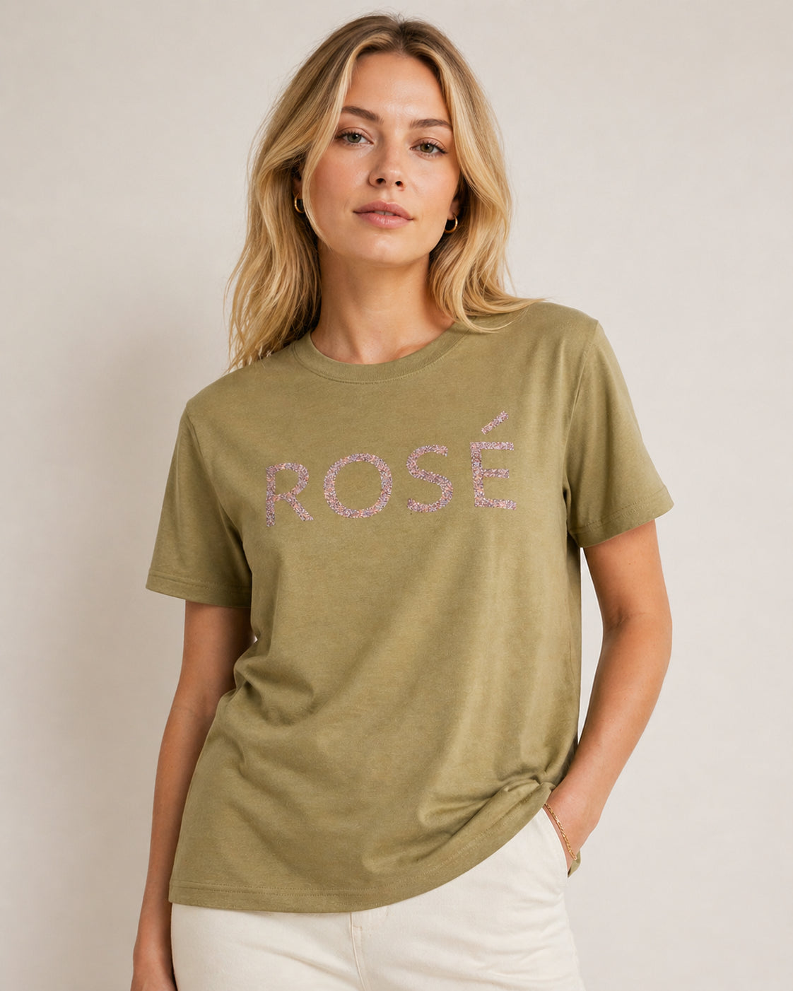 ROSÉ T-Shirt Oliv / Rosagoldglitzer