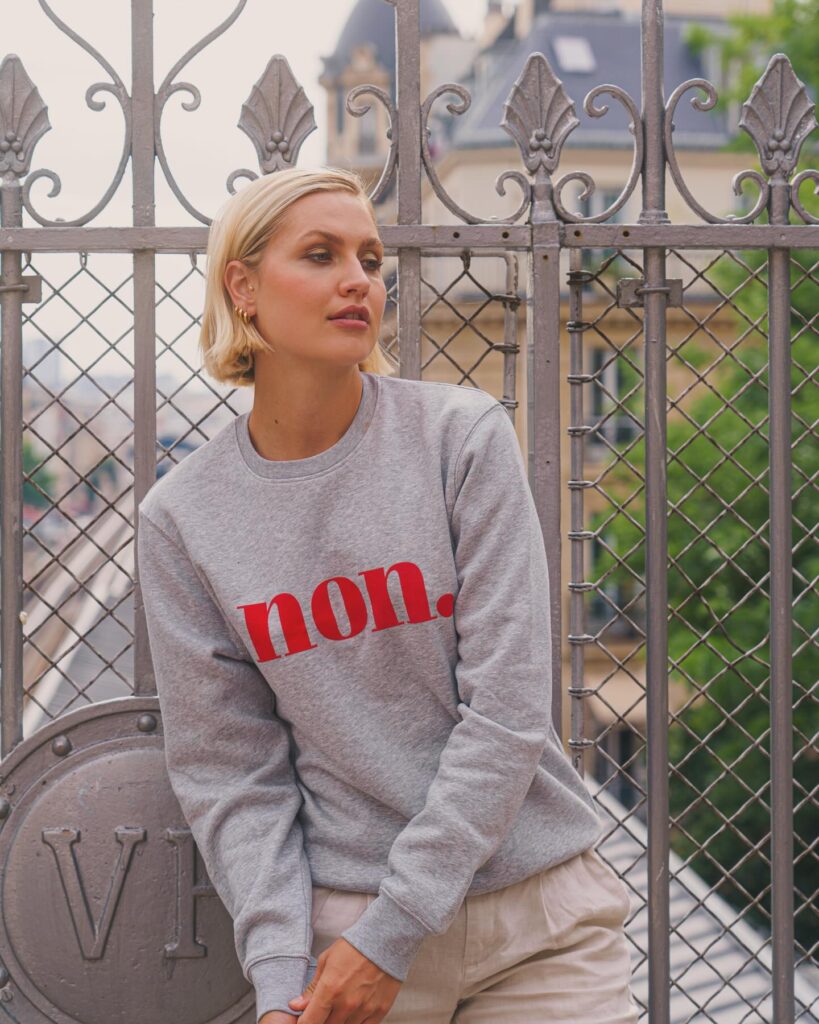 Reflecting a ‘non’conformist spirit in every thread ❤️🩶❤️ • • • #non #sweater #sustainablefashion #ParisianChic #ParisianElegance #Paris #ParisianGlamour #TheParisEdit23 #bonjourben #sustainability #fashion #mode #chic #elegance #France #umweltfreundlich #umweltbewusst