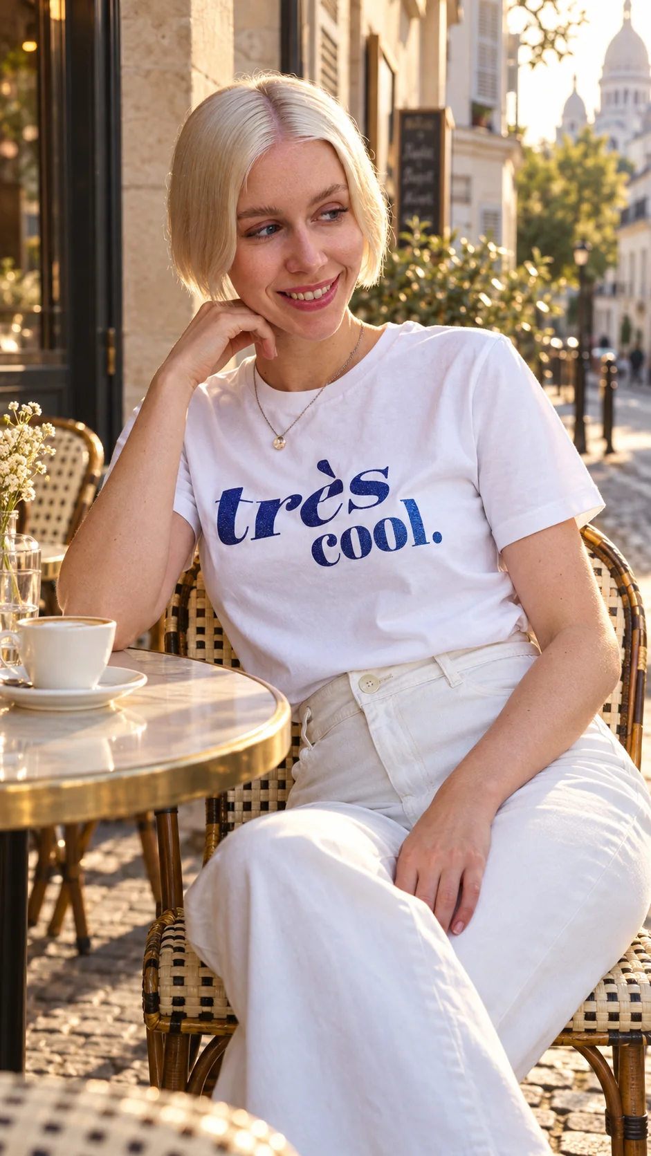 Frau im weißen Très cool. T-Shirt in einem Pariser Café im goldenen Sonnenlicht